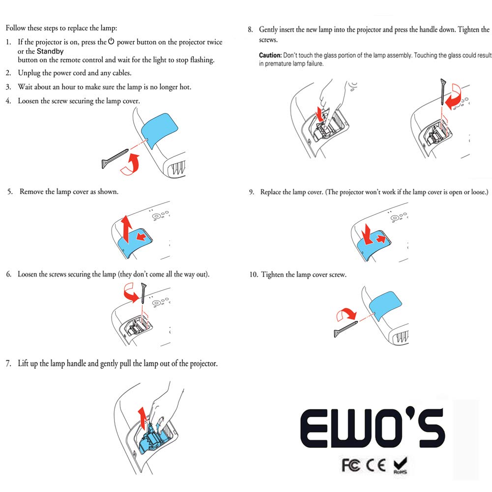 EWO'S Replacement Projector Lamp for ELPLP96 Epson Powerlite Home Cinema 2100 2150 1060 660 760hd VS250 VS350 VS355 EX9210 EX9220 EX3260 EX5260 EX7260 X39 W39 S39 109W V13H010L96 Lamp Bulb Replacement