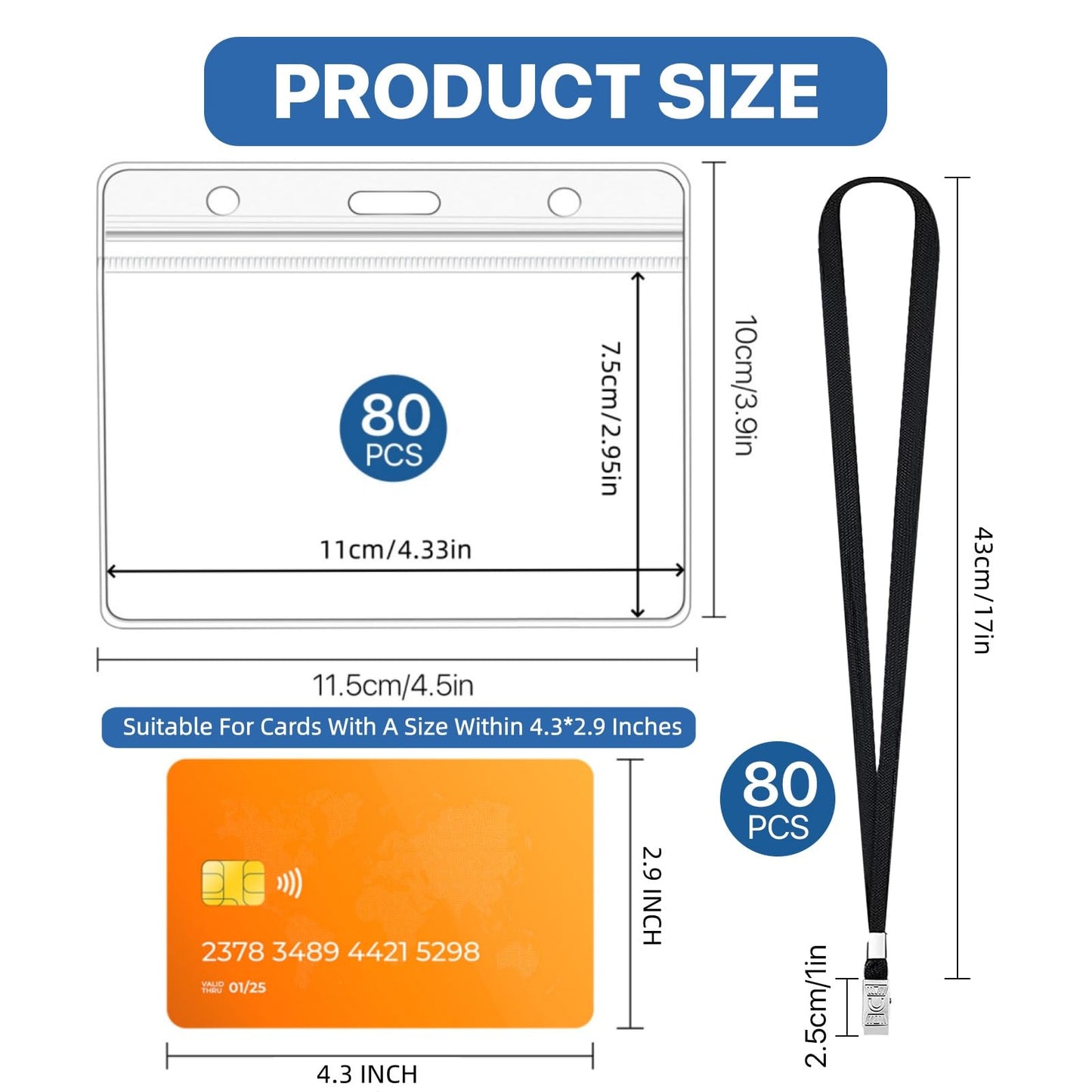 Lainballow 160 Pcs Lanyard with ID Holder, 80 Pcs Clear Plastic Horizontal Name Tag Holder with 80 Pcs Black Flat Neck Badge Lanyard, Badge Holder with Lanyards for Business Office School