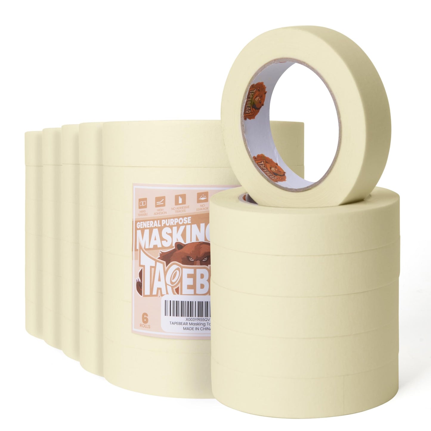 TAPEBEAR General Purpose Masking Tape Beige White 24mm x 55m, Bulk Painters Tape for Painting, Labeling, DIY Arts Crafts, Home Office School Projects, 36 Rolls