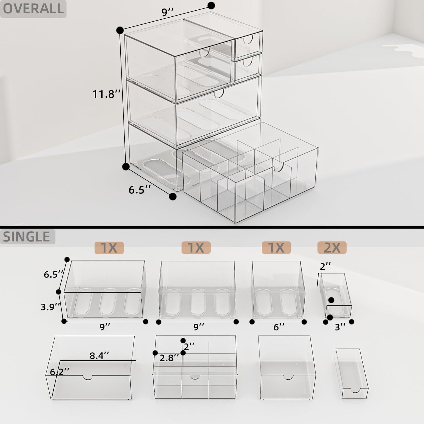 Yashong Desk Organizer Set, Clear Stackable Dustproof Storage Boxes for Desktop, Office, DIY Craft & Vertical Space Saving, Perfect for Makeup, Stationery, Jewelry Organization (5 Drawer)