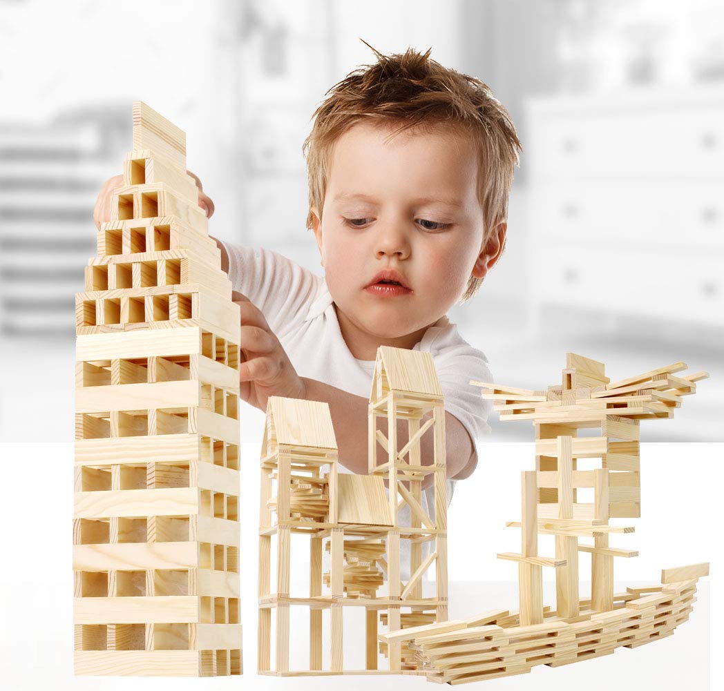 200 Pieces Wooden Construction Building Blocks Set for Kids-Building Planks Set for Boys and Girls