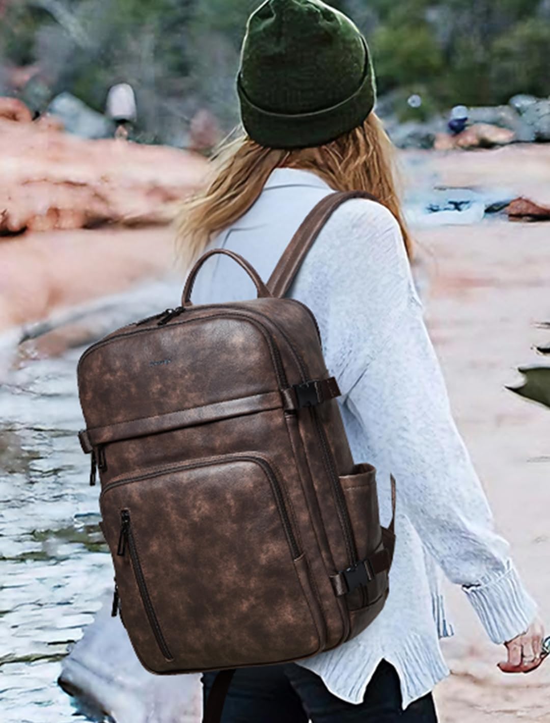 Tiamyi Travel Backpack for Women, Fits 17.0" Notebook, Stylish Lay-Flat Carry-on Vegan Leather Backpack with Luggage Strap for Travel and Daily Use, Coffee