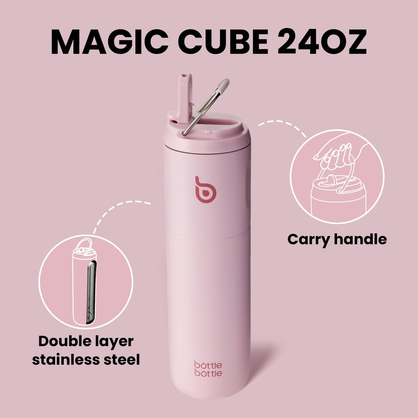 Bottle Bottle Insulated Water Bottle 24oz with Straw Lid and Handle for Sports Travel Gym Stainless Steel Water Bottles Double-Wall Vacuum Metal Bottles Leak Proof BPA-Free (Light Pink)