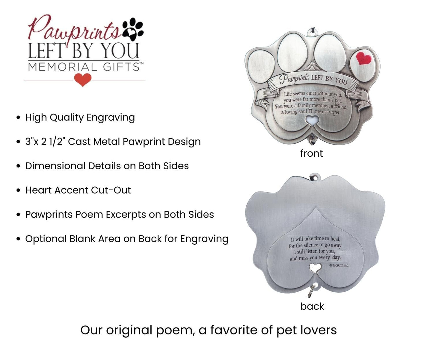 Pet Memorial Wind Chime - 12” Metal Casted Pawprint Wind Chime - A Beautiful Remembrance Gift For a Grieving Pet Owner- Includes “Pawprints Left By You” Poem Card.