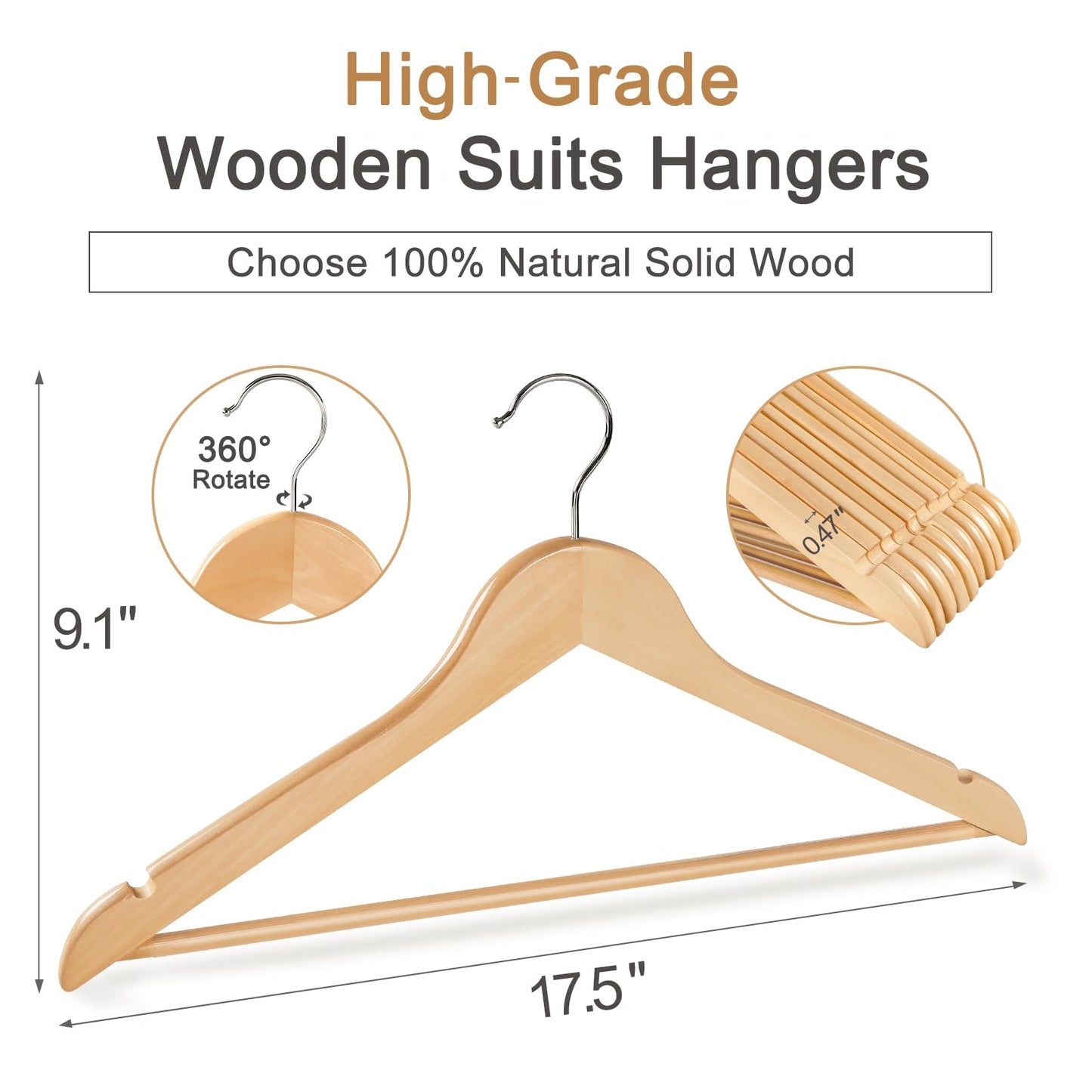 TOPIA HANGER Wooden Hangers (30 Pack), Natural Wooden Coat Hangers with Non Slip Pants Bar, 360°Swivel Hook and Shoulder Notches for Suit, Jacket, Pants, Smooth Finish Clothes Hangers - CT34N30