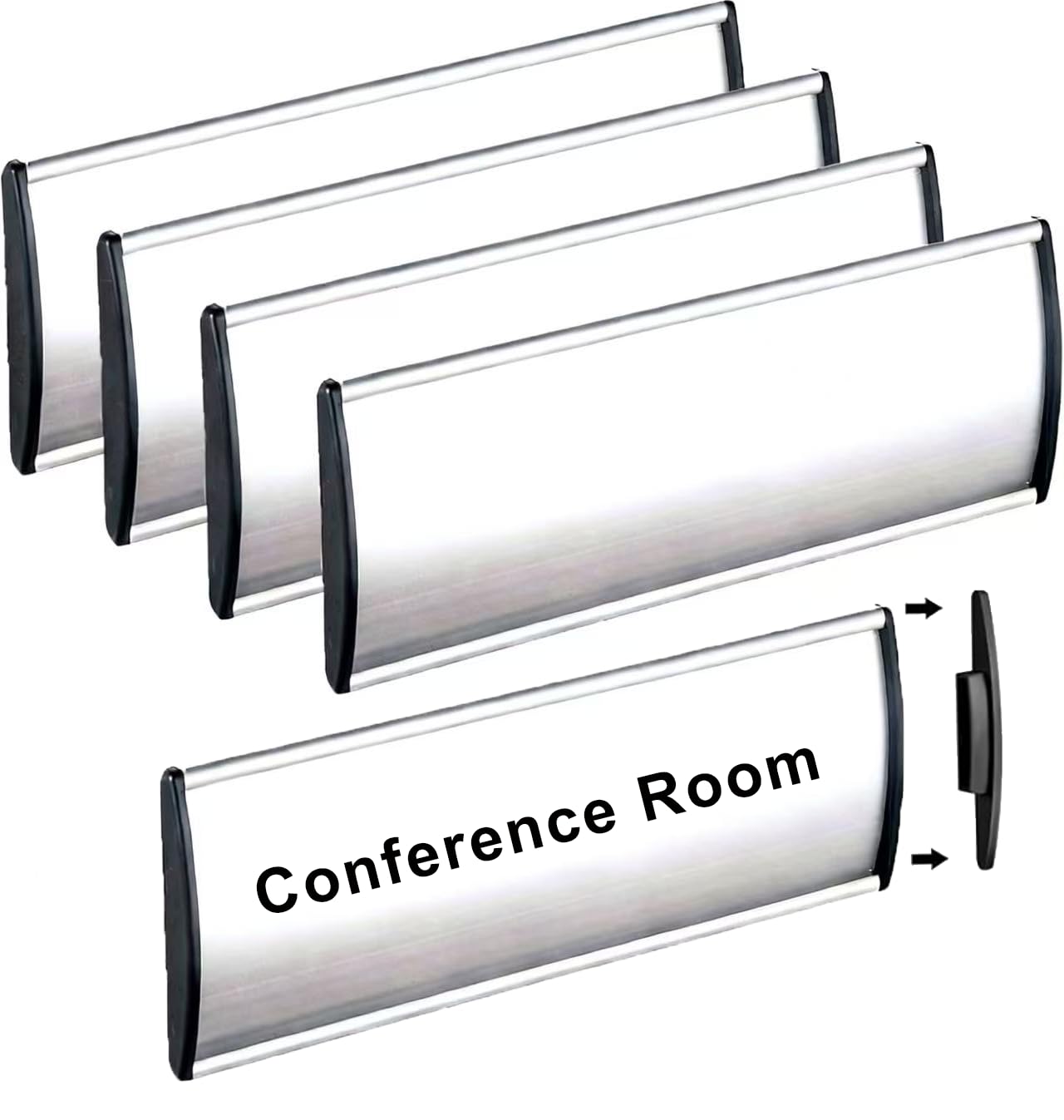 SINKAA 5 Pcs Office Name Plates Holder for Doors, 3 Inches x 8 Inches Curved Wall Mount Door Sign Holder, Silver Aluminum Sign Holder for Office Wall with Plastic Film and Adhesive Tape