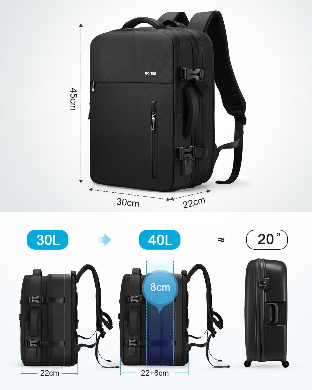 HOMIEE Travel Backpack 40L Expandable Carry on Flight Approved Cabin Bag Business Laptop Backpack Fits 15.6" Waterproof Weekender Backpack with USB Port & Wet Pocket for Men Women Black