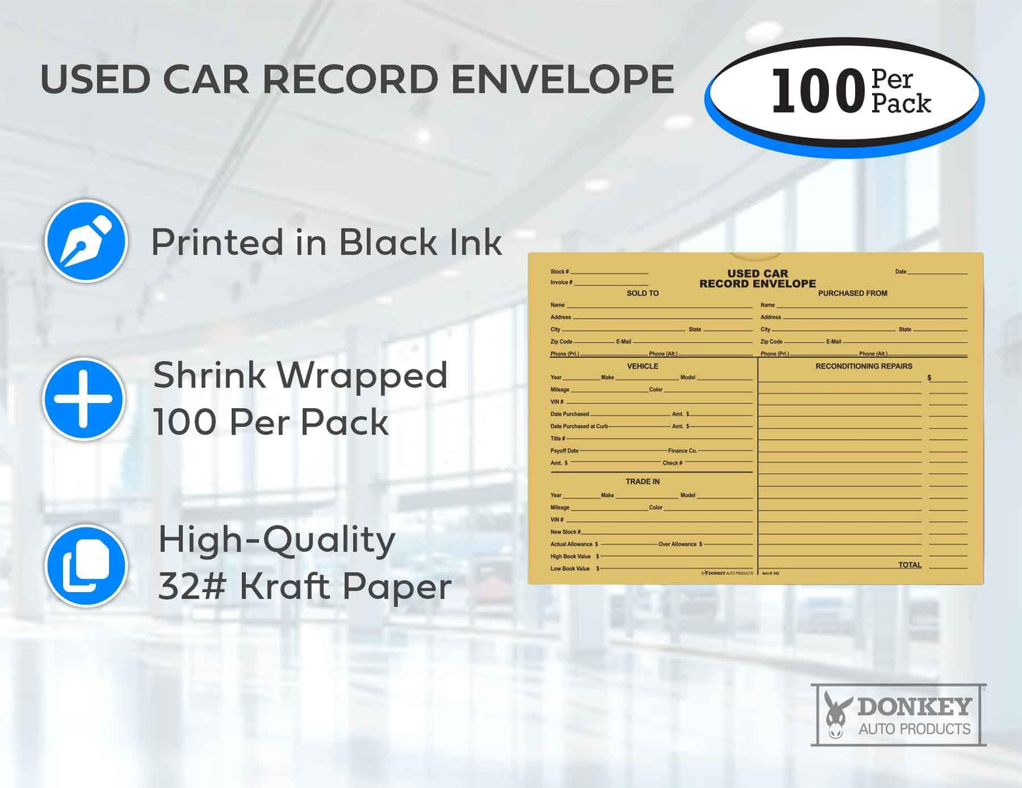 Used Car Record Envelopes - Deal Jackets for Used Vehicles (100 per pack) (Buff)