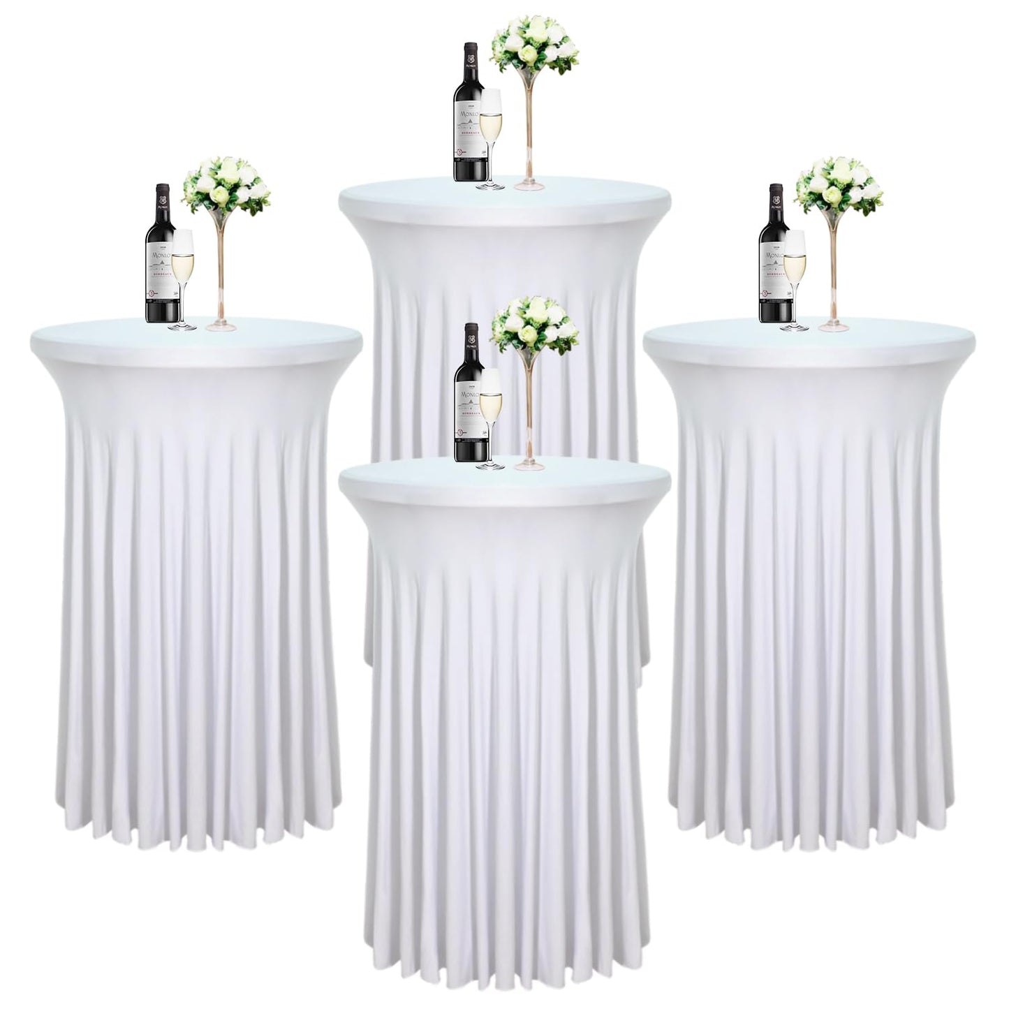 4 Pack 32"x43" White Round Cocktail Table Skirt| Cocktail Spandex Tablecloth |Spandex Fitted High Top Table with Skirt|Stain 、Wrinkle Resistant、Washable for Bar Wedding Cocktail Party Banquet Table