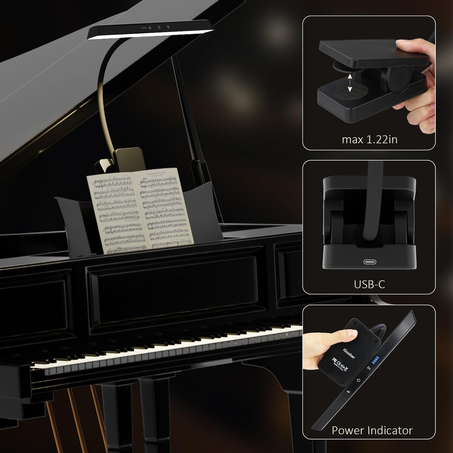 Professional 47 LED Rechargeable Music Stand Light - 1/2 Pack Eye Caring Clip on Piano Lights, 4 Color & 3 Brightness, USB-C, up to 110 Hrs Runtime, Portable Lamp for Musician, Piano, Reading