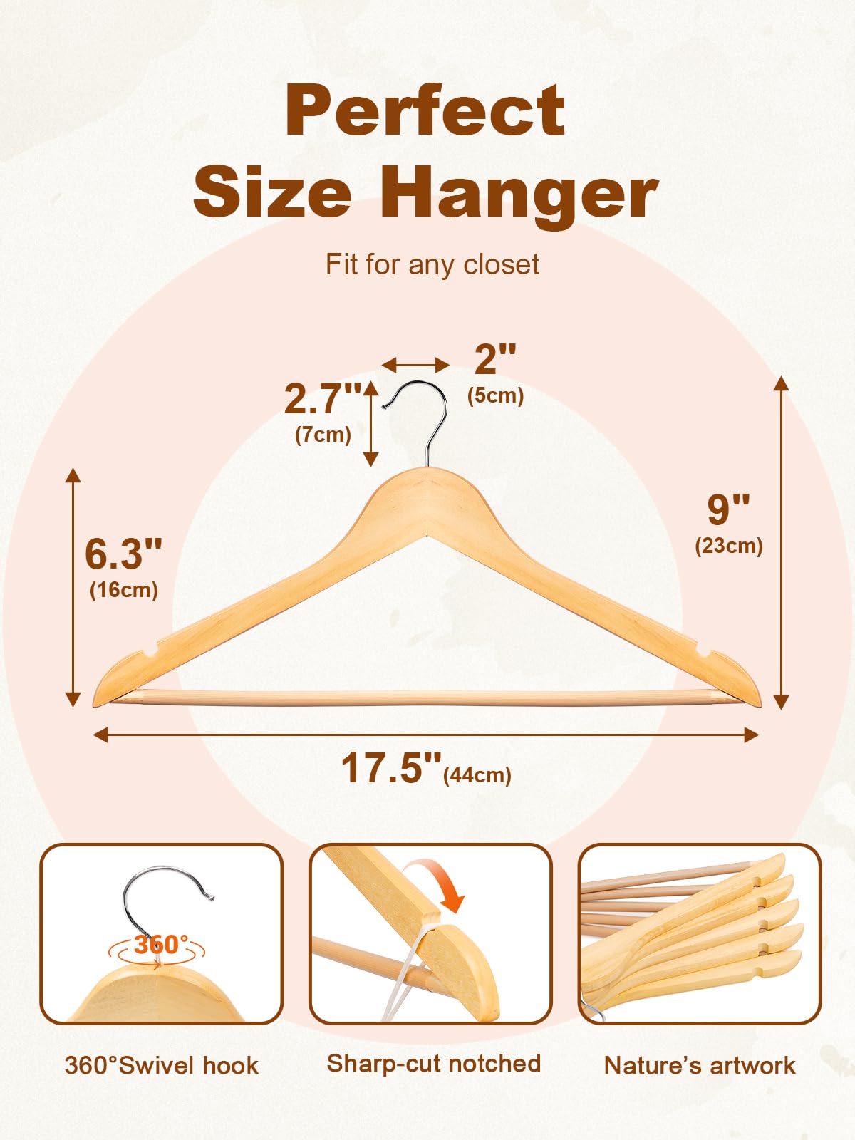 House Day Wooden Hangers 20 Pack, Solid Wood Hanger with Non Slip Pant Bar, Heavy Duty Wooden Coat Hanger for Closet, Smooth Finish Wood Clothes Hangers for Shirts, Suits, Jackets, Dresses, Natural