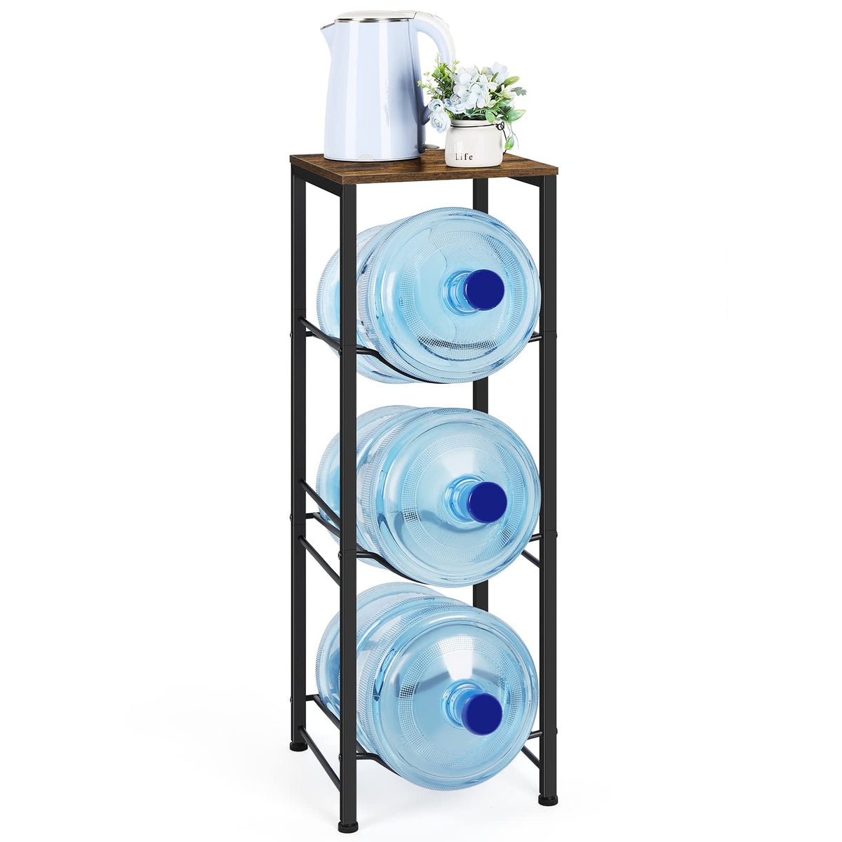 Water Jug Holder Rack 3-Tier Water Storage Organizer with Shelves for 5 Gallon Water Bottle Dispenser Stand for Office Kitchen Living Room Office, Rustic Brown