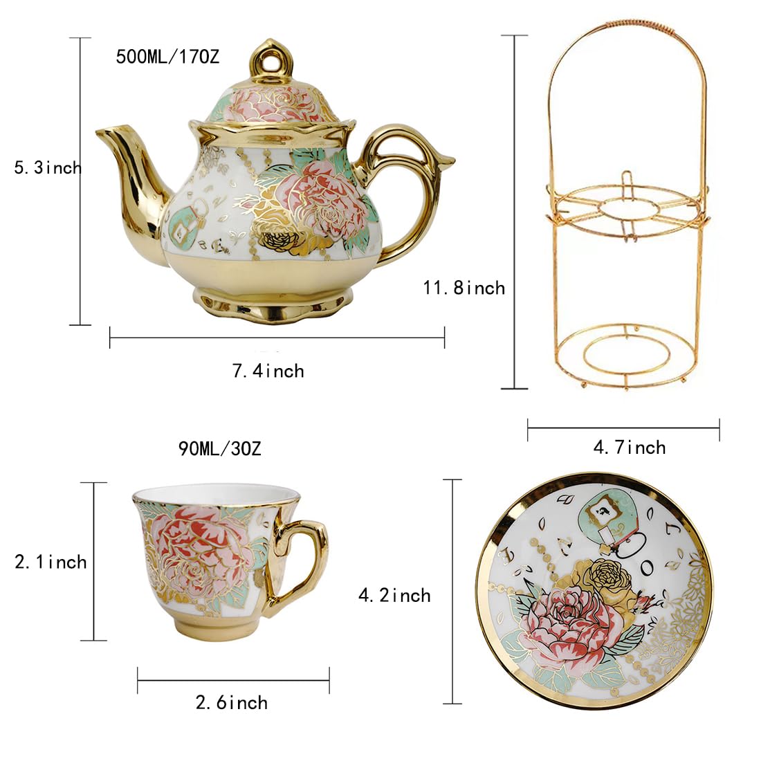 CHANJOON Gold Plated Red Rose Ceramic Tea Sets, Vintage Tea Set with Teapot, Beautiful Tea Set Coffee Serving 6 People (Golden, Medium)