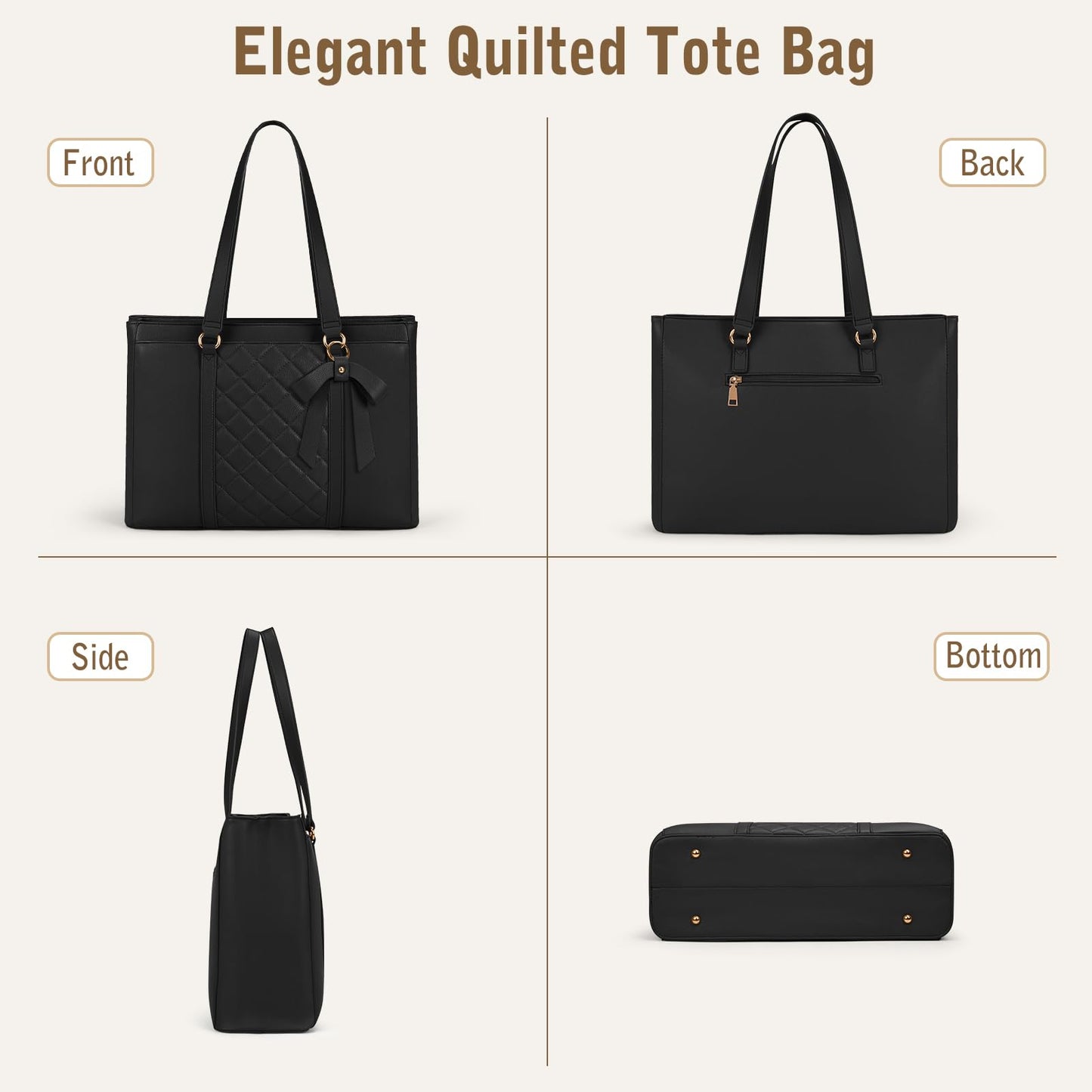 RAINSMORE Laptop Bags For Women 15.6 Inch Work Tote Bag Large Laptop Purse PU Leather Handbag Waterproof Office Computer Briefcase with Zipper for Business Travel, Black