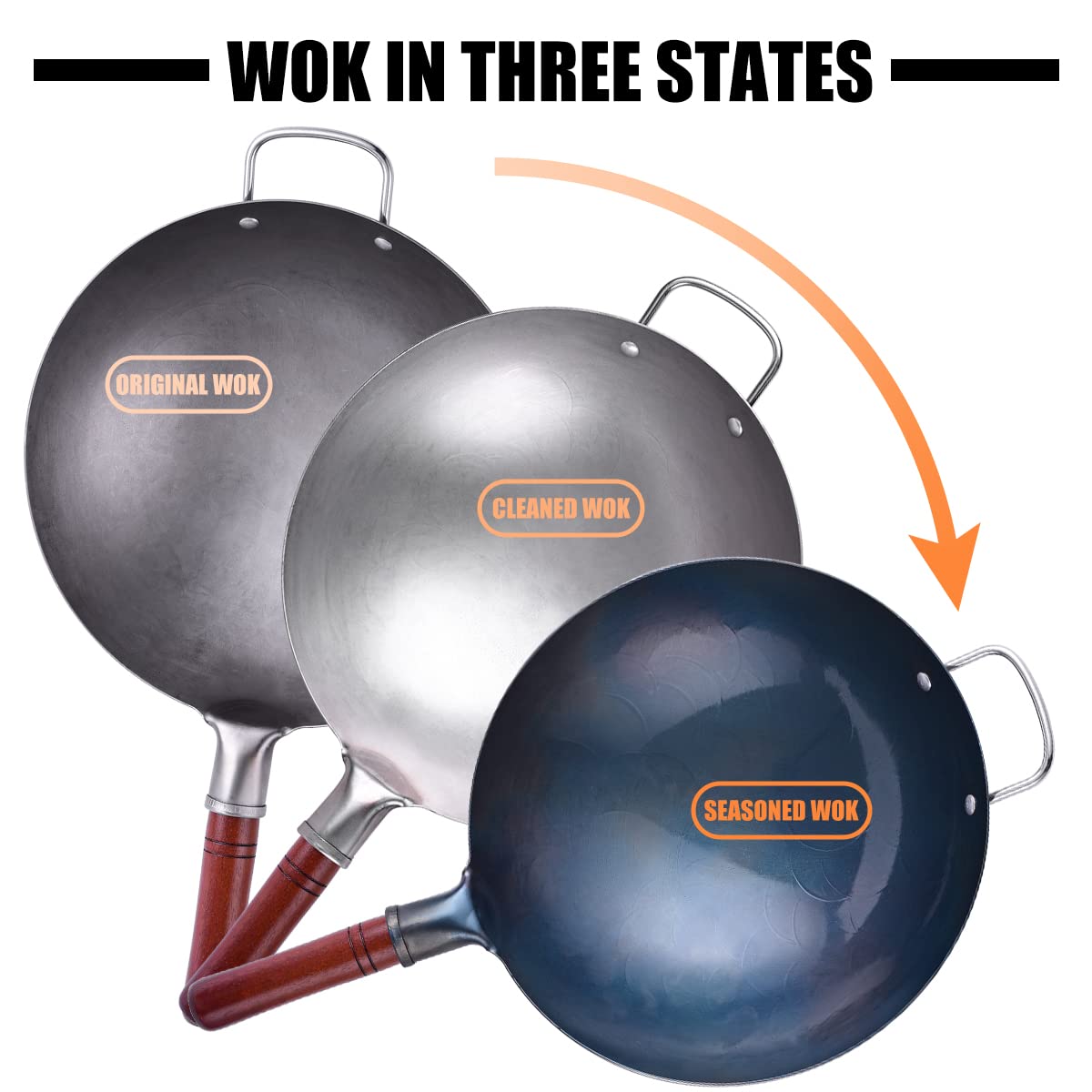 Teewe Carbon Steel Wok - Traditional Hand Hammered 13.4" Round Bottom Wok Pan Set with 8 Pcs Accessories