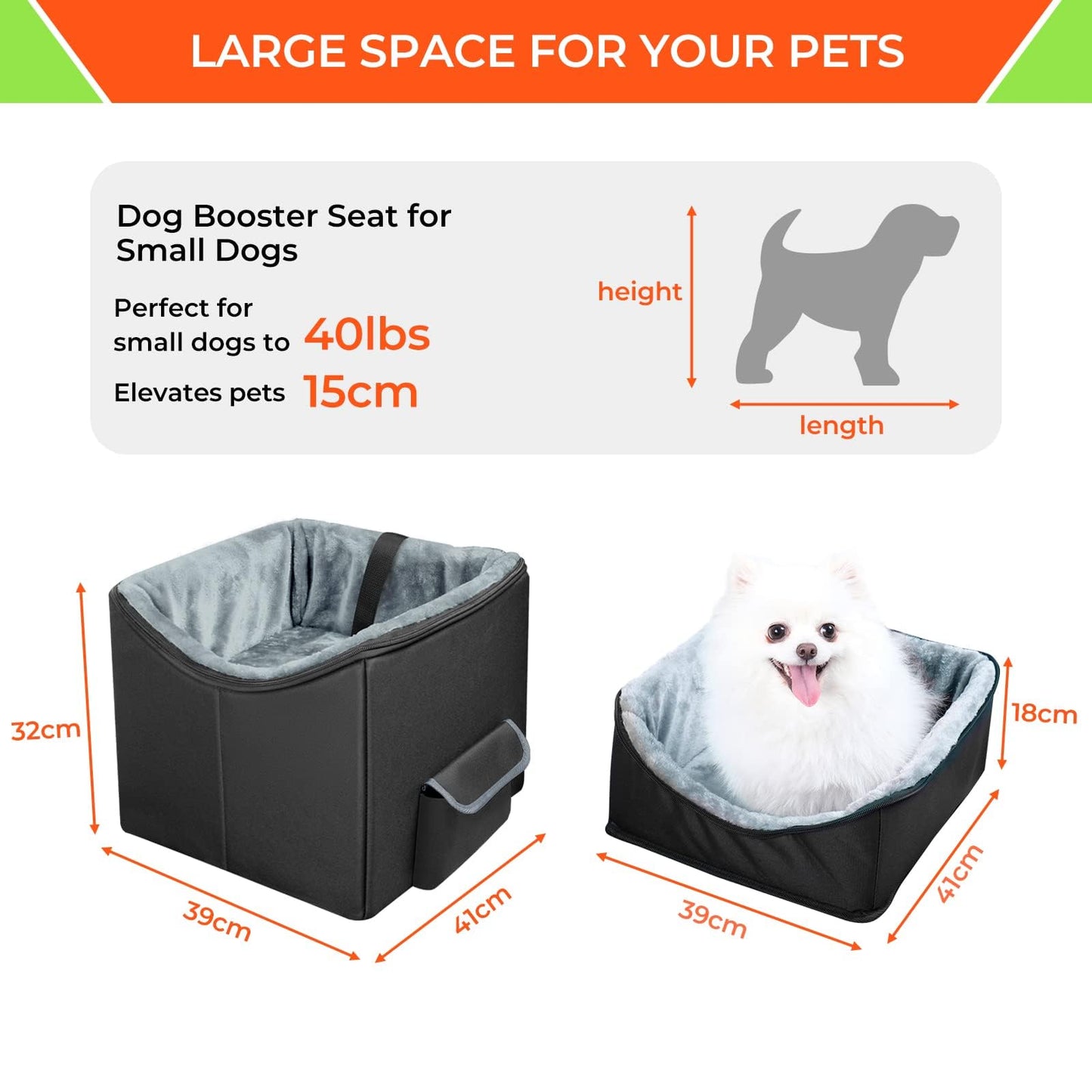 Babenest Dog Booster Car Seat for Small Dogs, Elevated Pet Car Seats with Safety Leash for Pets Under 30Lbs, Washable Lookout Puppy Travel Car Seat with Storage Pocket (S)