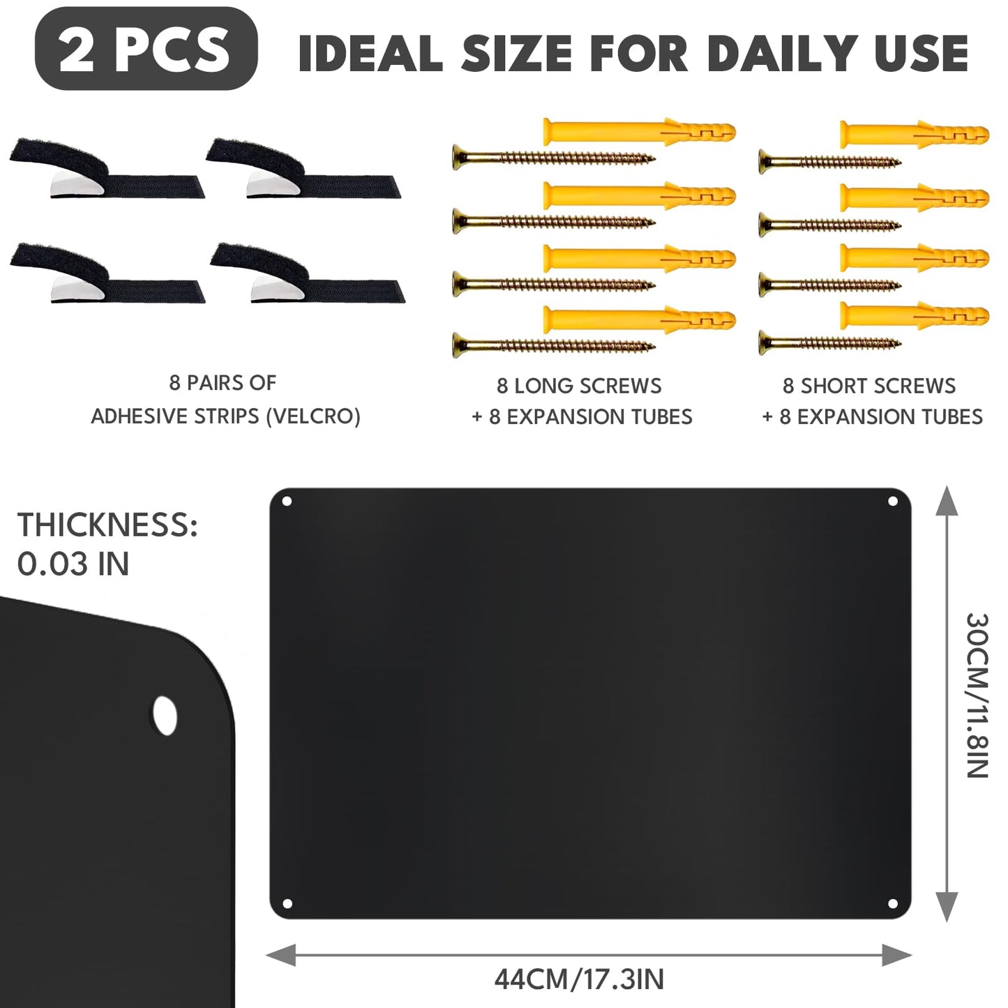Lanpul 2 Pack Black Metal Magnetic Board, 17.3" x 11.8" Magnet Bulletin Board for Wall & Refrigerator, Display Photos Notes Letters Numbers Board, School Kitchen, with Dual Lock Tape and Screws