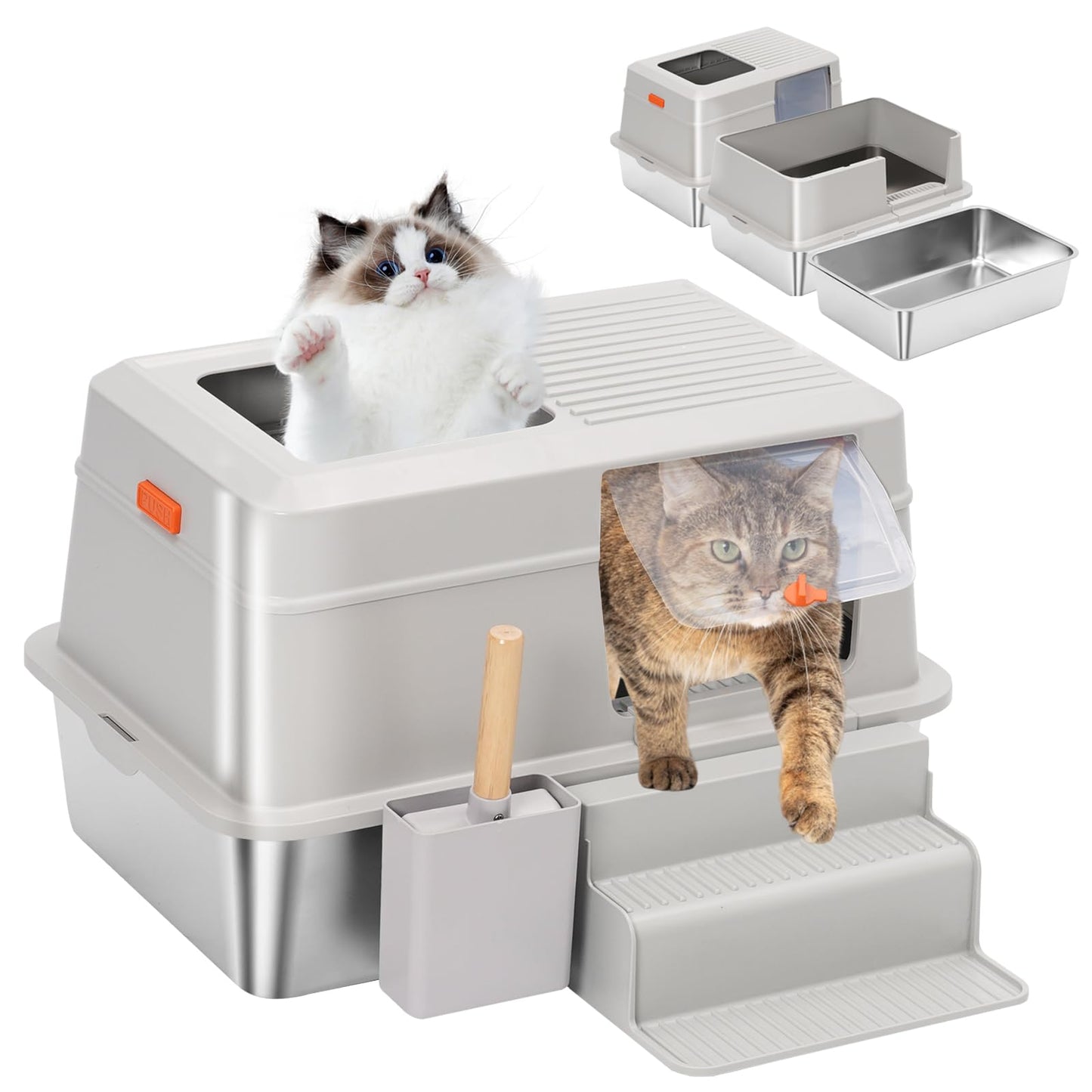 Large Top Entry Stainless Steel Litter Box with Lid,for Large Cats, with Removable Lid, Pedal and Scoop. Odor-Free, Easy to Clean, Anti-Urine Leakage, for Big/Multiple Cats (Grey)