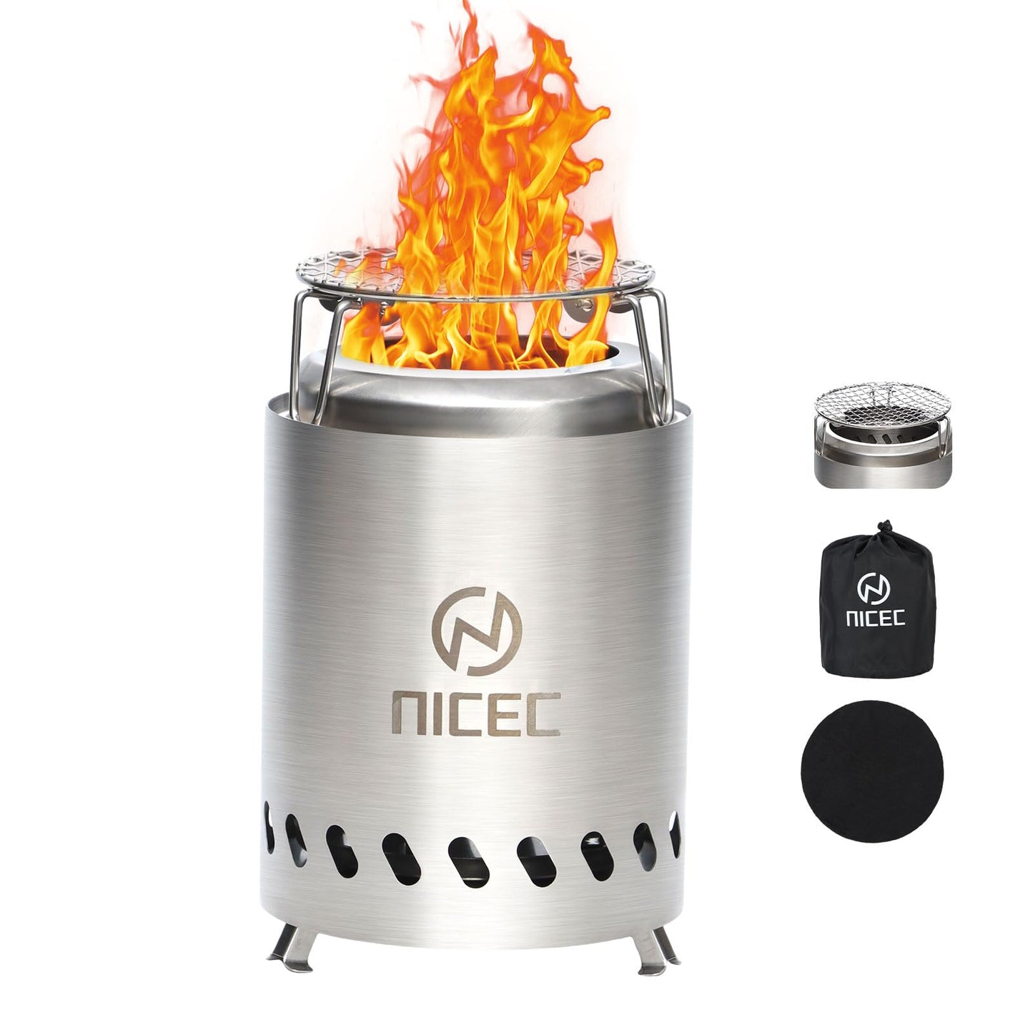 Nice C Fire Pits, 5.5 Inch Smokeless Fire Pits, Portable Fire Pit, Outdoor Fire Pit, Tabletop Fire Pit, Wood Buring Fireplaces, Stainless Steel, with Grill Grate, Removable Ash Tray & Carry Bag