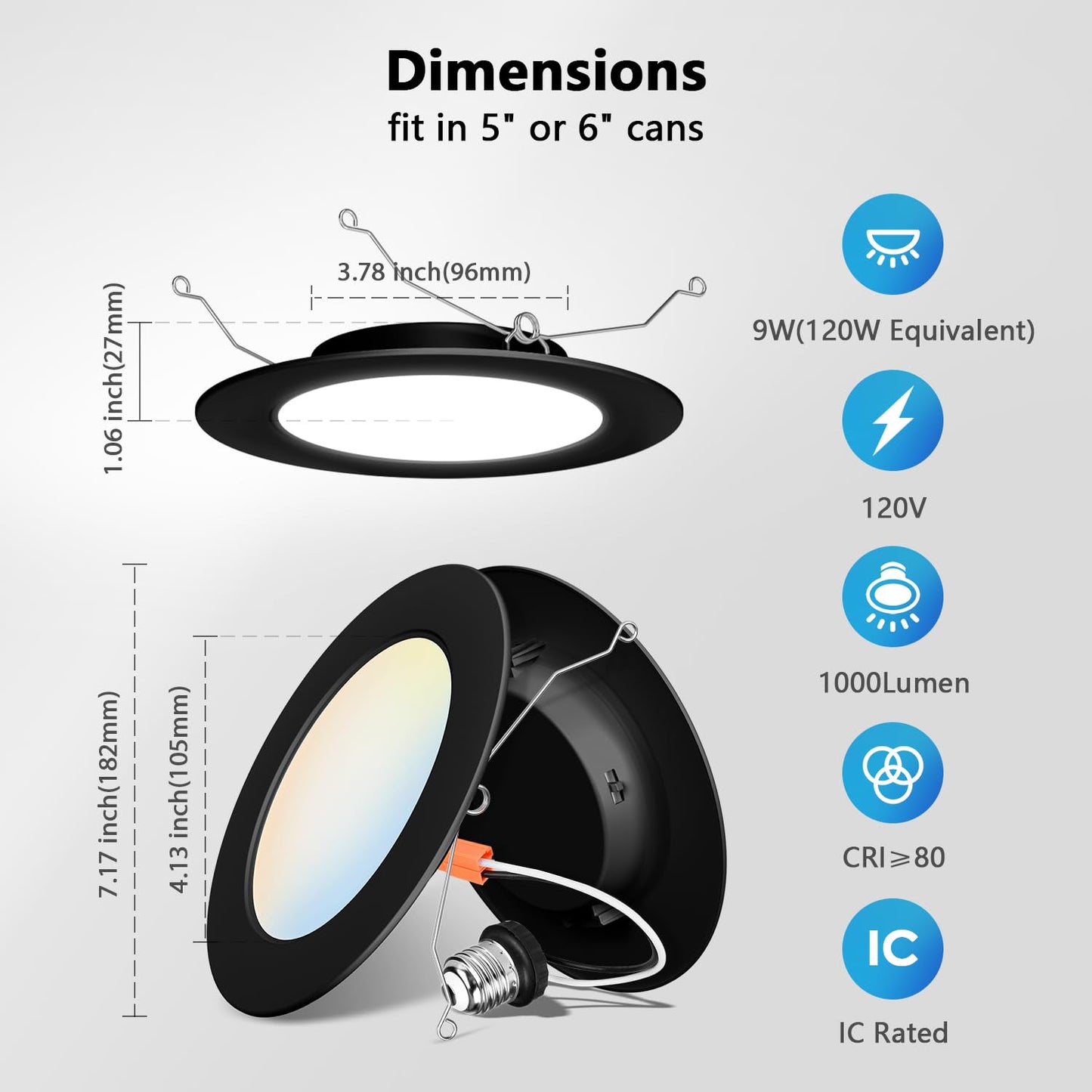 LVWIT 6 Inch 5CCT LED Recessed Pot Lights Black, 9W 1000 Lumens Dimmable, IC Rated Retrofit LED Downlight, 12 Pack (2700K/ 3000K/ 4000K/ 5000K/ 6000K- 5CCT)