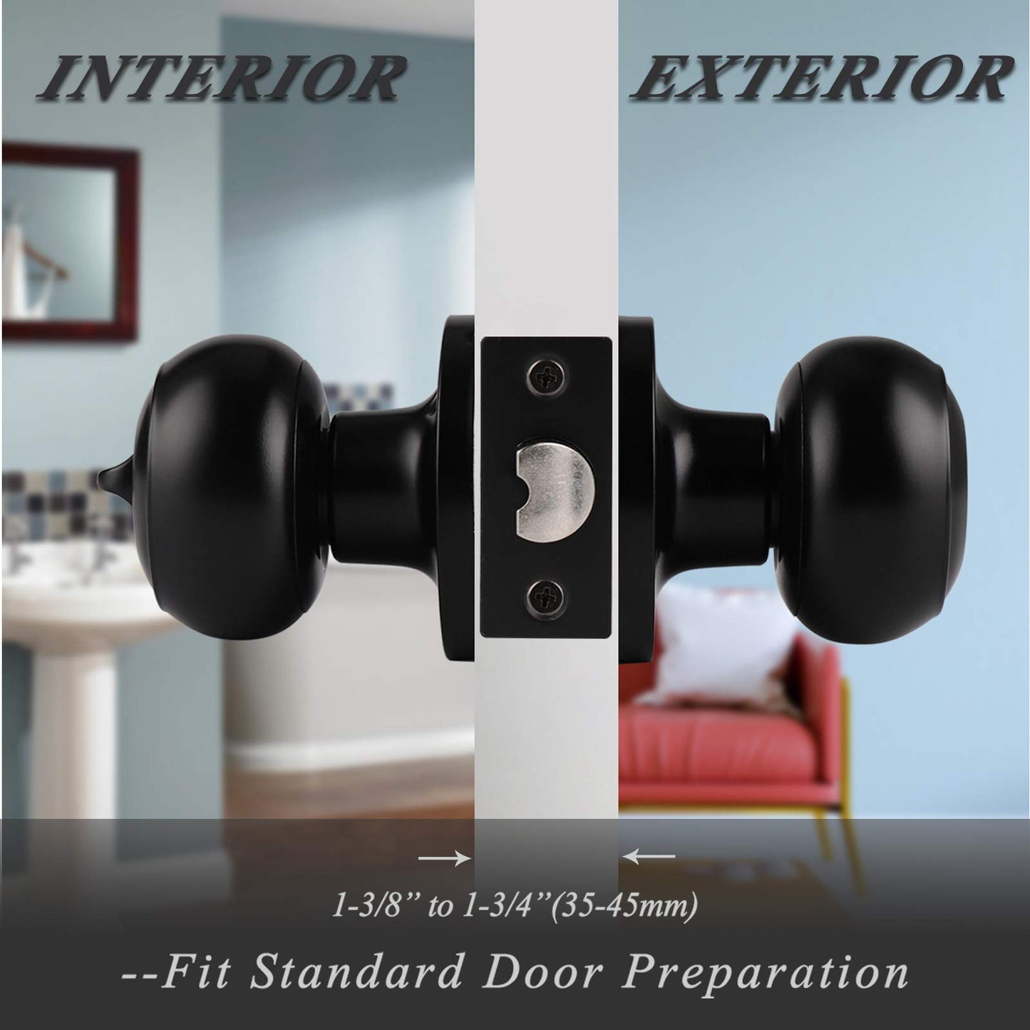 Probrico Interior Door Knob Black Matte Door Handles Keyless, Indoor Privacy Door Lock Flat Ball Knob for Bedroom/Bathroom, 3 Pack