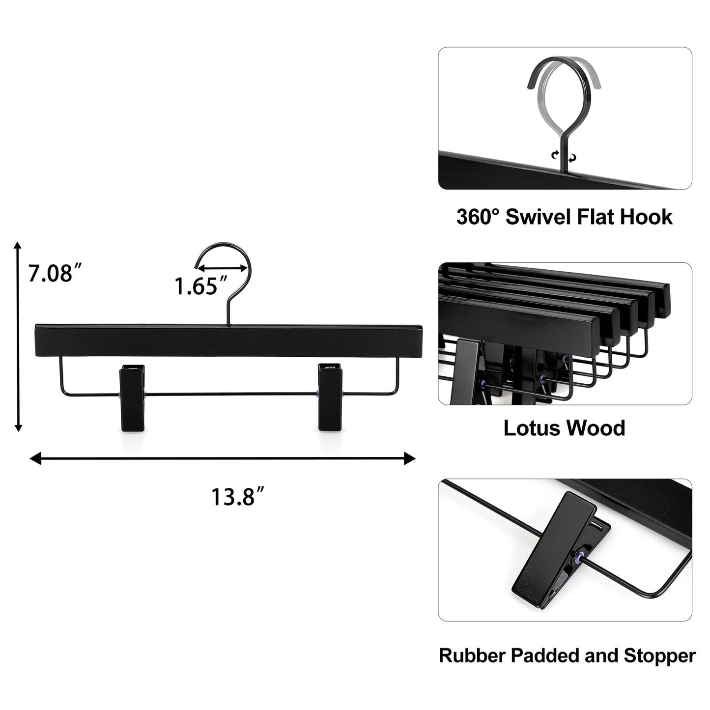 TOPIA HANGER Black Wooden Pants Hangers, Wood Skirt Hangers with Clips, Deluxe Jeans Hanger with 360° Swivel Anti-Rust Flat Hook, Smooth Finish Wood Hangers for Slacks Trousers 20 Pack, CT03B