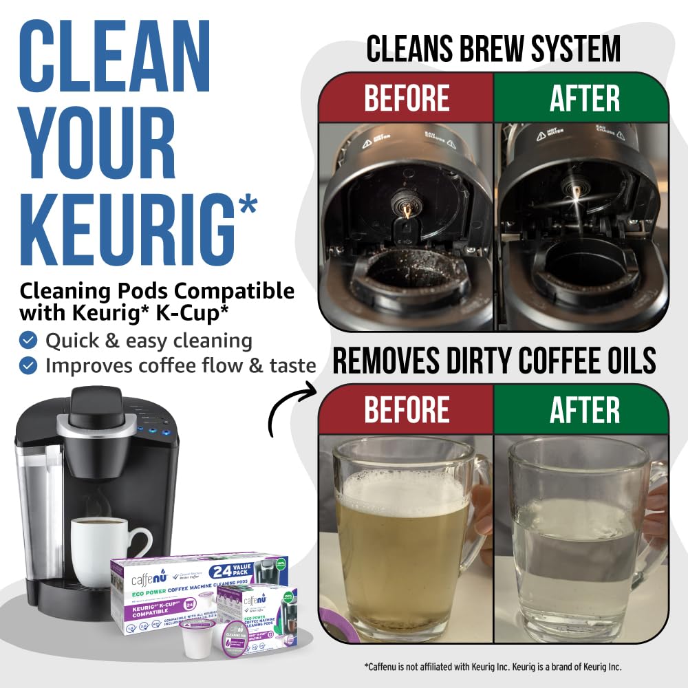 Keurig Compatible Cleaning Pods. 24 Rinse Pods Cleaner Kit. Eco Friendly, Removes Stale Coffee Residue & Stains. Keurig 1.0 & 2.0 Machines.