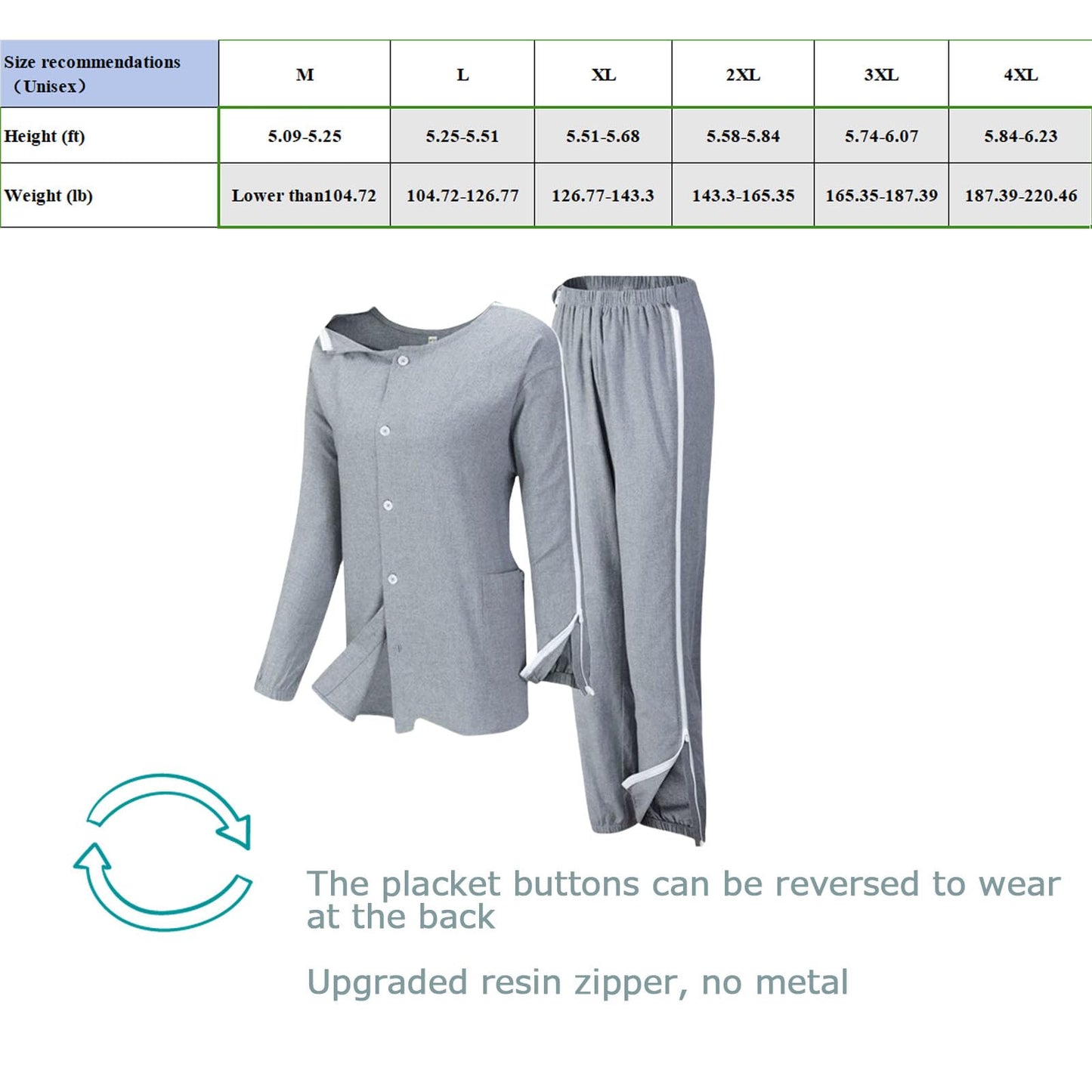 Aylashine Bedridden Patient Nursing Pajamas, Two Ways to wear, Front and Back Cotton, Breathable, Sweat-Wicking and Comfortable, Unisex, Zipper Closure,Gray XXXL