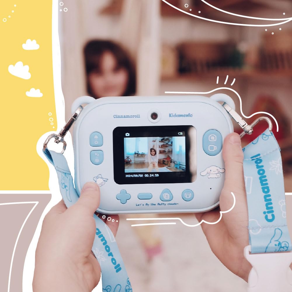 Cinnamoroll Instant Print Kids Digital Camera & Video Camcorder with Selfie Camera by Kidamento, Scavenger Hunt Momento Book, 32GB Memory Card - Model P Cinnamoroll