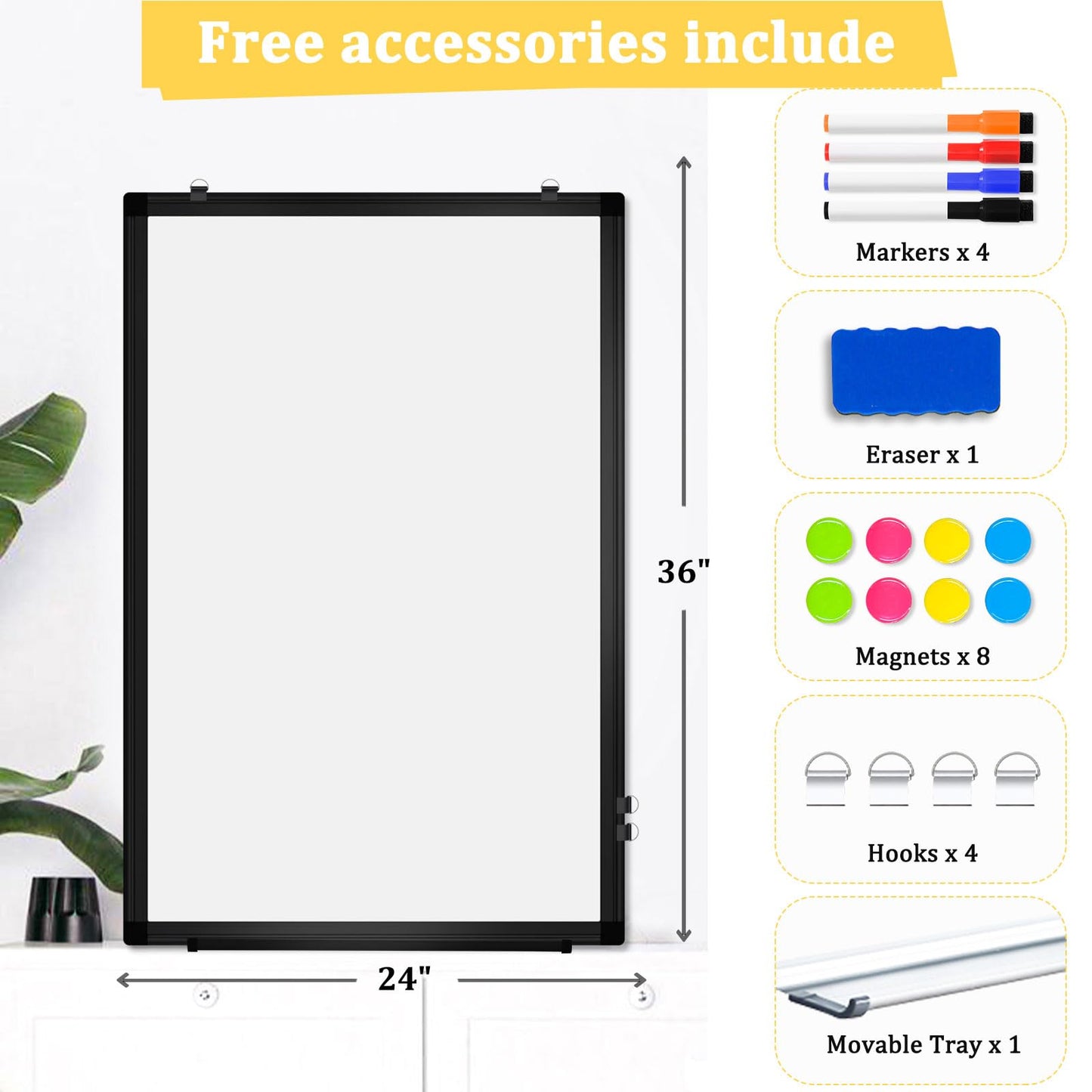 AMUSIGHT Double-Sided Magnetic Whiteboard, 36" x 24" Dry Erase Board Black Aluminum Frame for Wall, White Board Dry Erase Marker Board for Kitchen, Memo, School, Home, Office