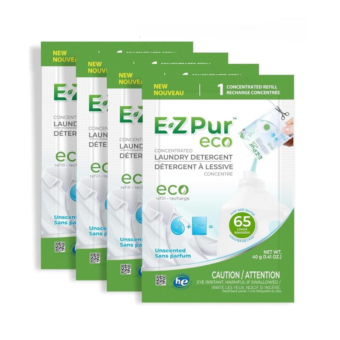 E-Z Pur - Eco Laundry Detergent, 260 Loads - 4-Pack Refill, 40g Each, Mix with Water to Make 7.2L Unscented Liquid, HE Compatible, Septic Safe, Concentrated - EZ Pur Eco