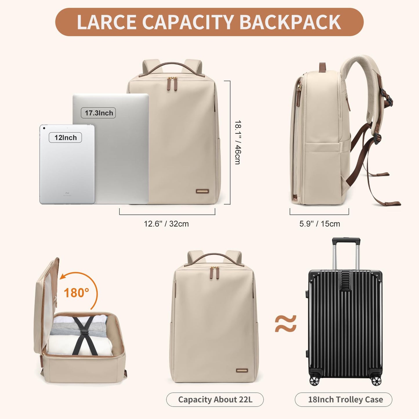 Stylish Laptop Backpack for Women Airline Approved Perfect for Work College and Travel Multi-Functional Casual Daypack Fits 17.3 Inch Notebook (Apricot)