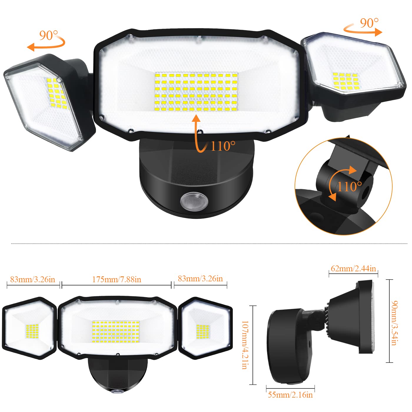 FLITI 50W Flood Light Outdoor, 5000LM Super Bright LED Flood Light, Switch Controlled Security Lights with 3 Adjustable Heads, IP65 Waterproof, 5000K Wall Mount Outdoor Light for Porch, Garage, Yard