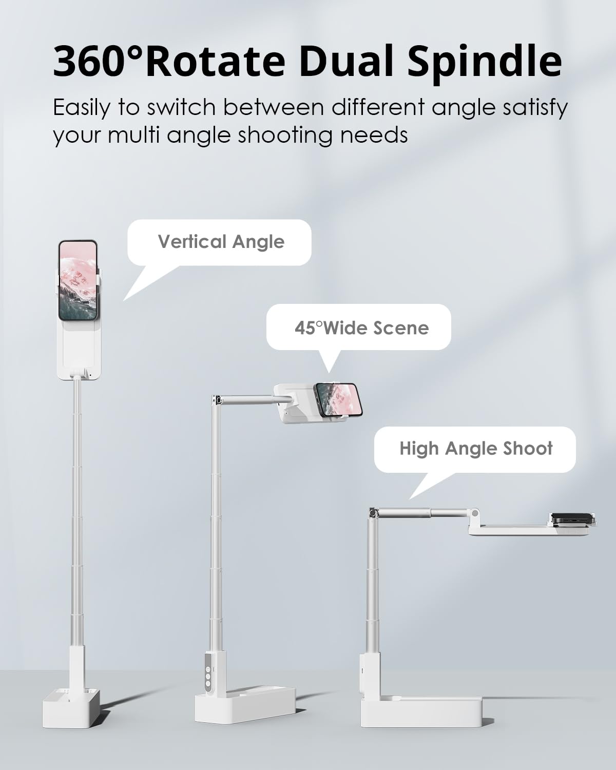 SupeDesk Phone Stand for Recording, Overhead Phone Stand with LED Light, 360° Rotation - Adjustable Portable Tripod for iPhone, Remote - Compatible with 3.5-6.7" iPhones, White