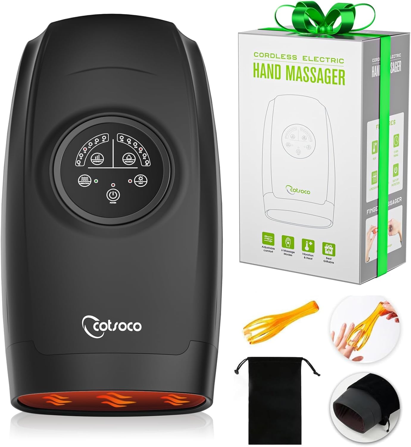 Cotsoco Hand Massager with Heat, 6 Adjustable Levels for Hand, Finger & Wrist, Cordless Electric Massager, Black – Gift for Women & Men