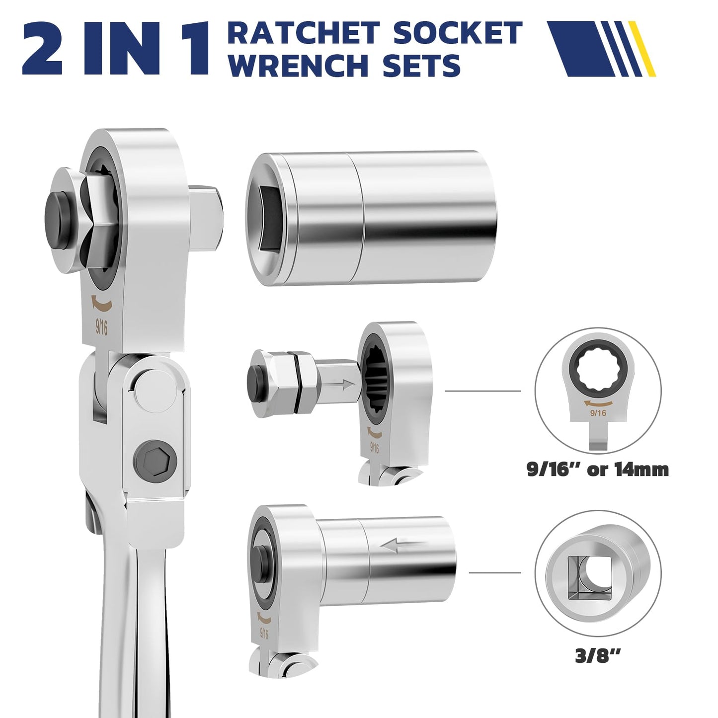 haisstronica 13pcs Flex-Head Ratcheting Combination Wrench Set with 3/8 in Adapter, SAE 1/4-3/4 inch Ratchet Wrench Tool for Auto, Tools for Men Gift