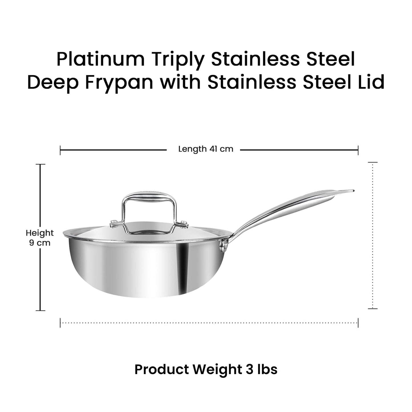 Vinod Platinum Triply Stainless Steel Wok with Lid 22 cm | Deep Skillet Pan with Riveted Sturdy Handle | Induction and Gas Frying pan, Dishwasher & Oven Safe | Ideal for Frying, Sautéing-Silver