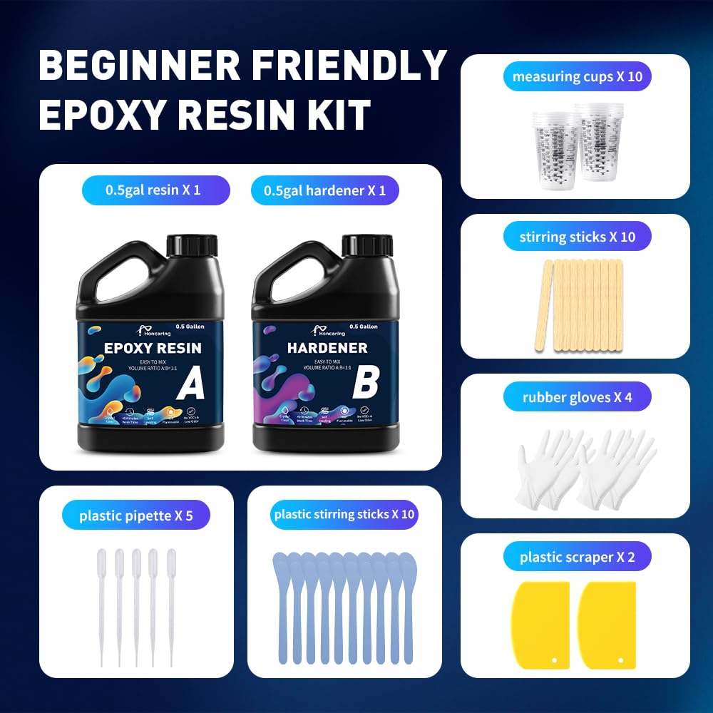 Honcaring Epoxy Resin 1 Gal Kit, Clear Beginner-Friendly Kit, Less Bubble & Low Odor Resin Epoxy for Casting, Jewelry Making, Crafts, Easy Mix Ratio 1:1 (0.5 Gallon×2)