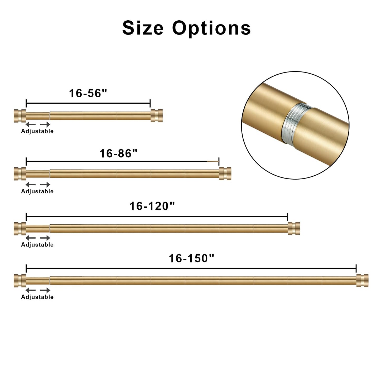 16-150 inch Long Adjustable Warm Gold Curtain Rods,1 inch Diameter Splicing Heavy Duty Rod Set with Aluminum Finals for Windows, Door, Drapery, Closet