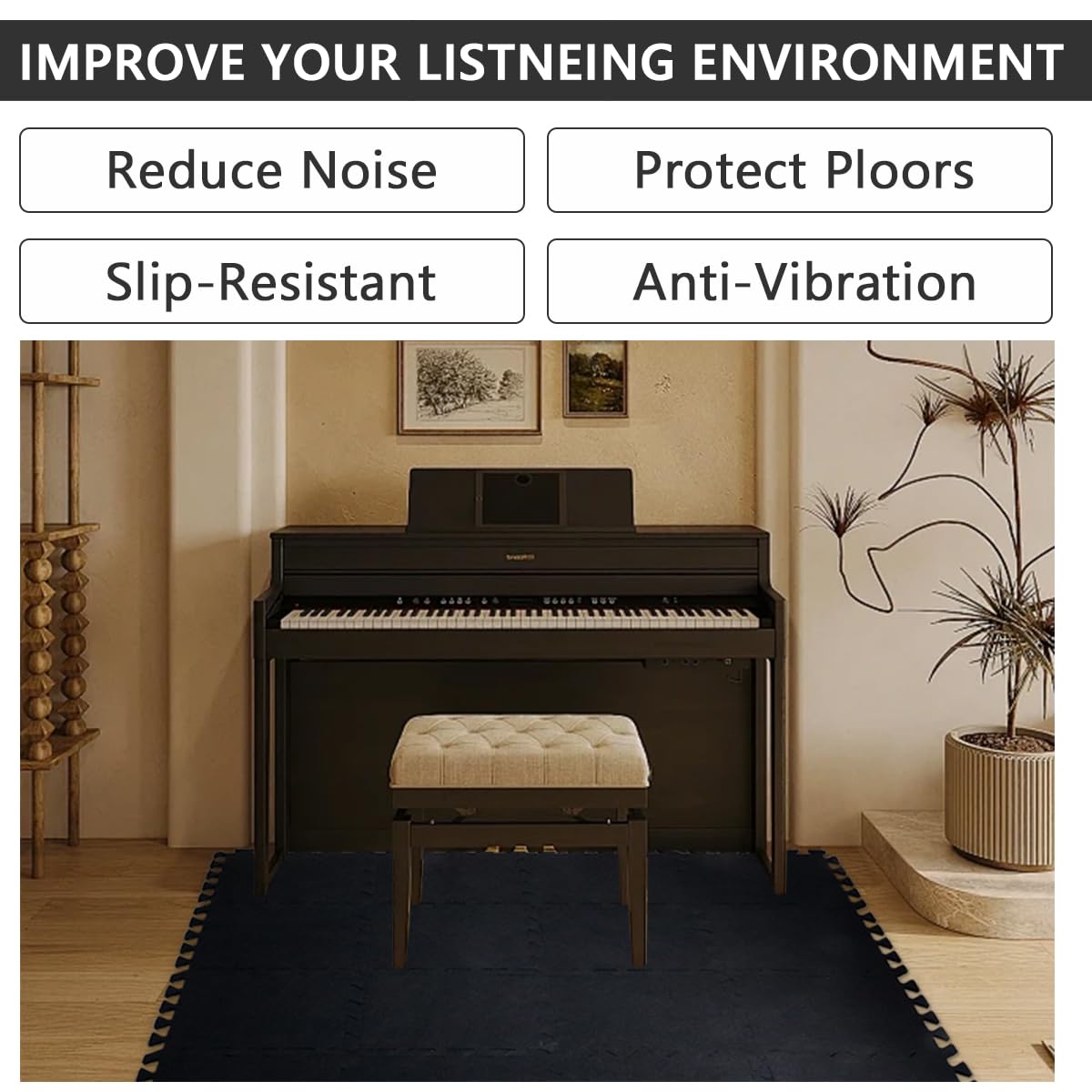 16 Pcs Thick Sound Absorbing Interlocking Floor Mats, 11.8 x 11.8 x 0.4 inches High Density Piano Carpet Drum Rug, Non-Slip Anti Vibration Soundproof Pads Acoustic Blankets for Music Studio, Black