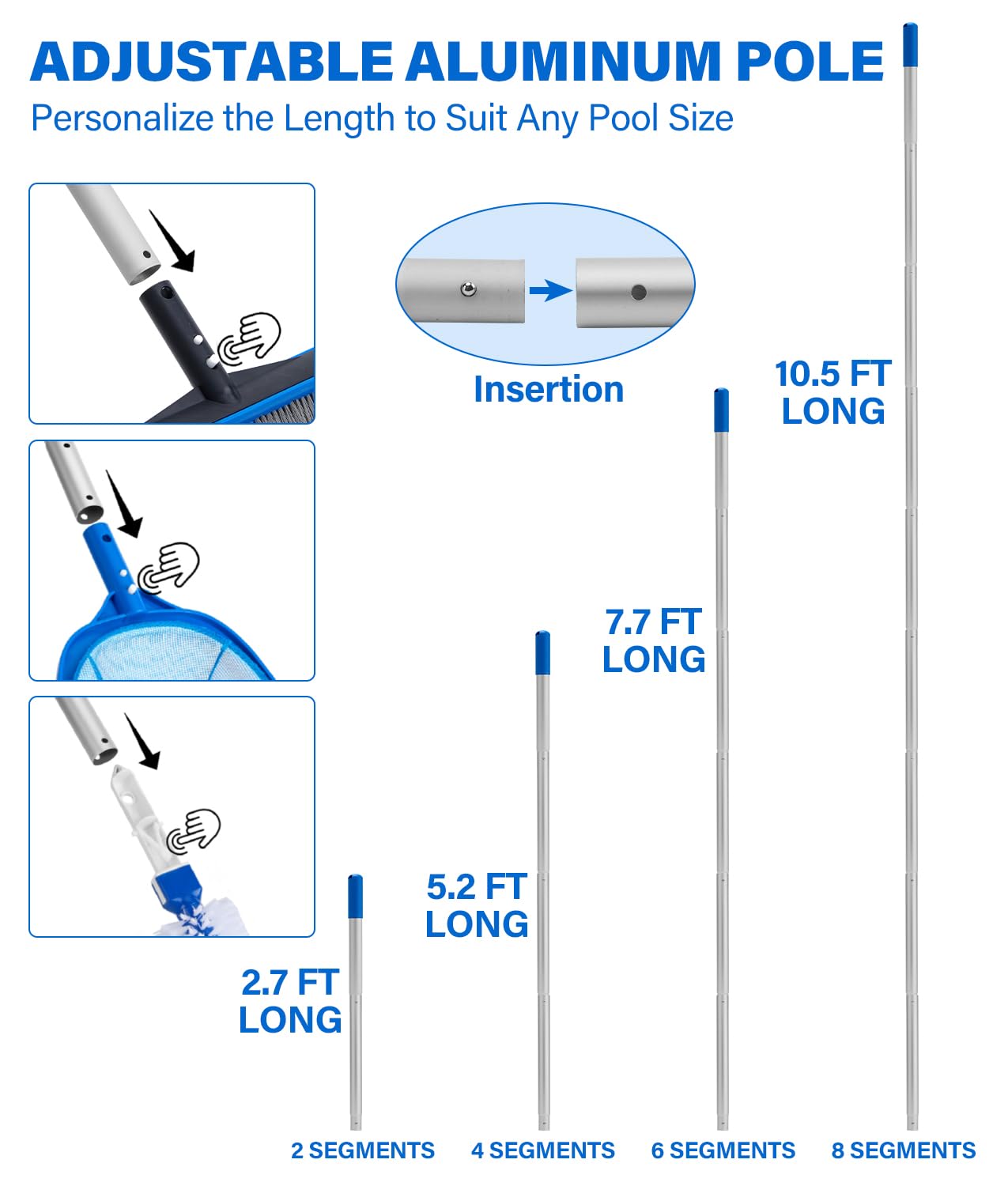 4-in-1 Deluxe Pool Cleaning kit, Pool Cleaning Tools -13.4'' Fine Mesh Skimmer Net with 10Ft Adjustable Pole, 17.3'' Swimming Pool Brush & Extra Brush Head for Cleaning Inground & Above Ground Pools