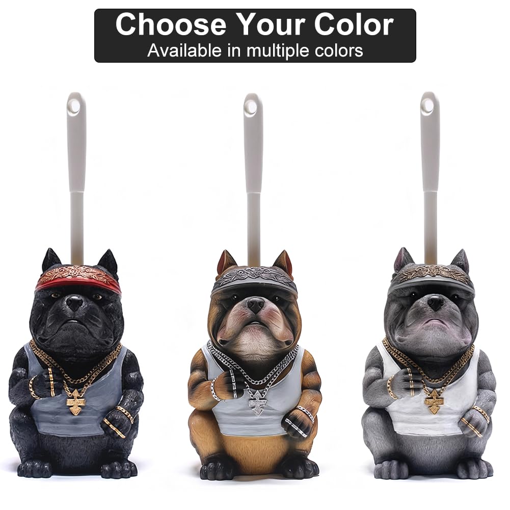 Home Luxe Bulldog Toilet Brush and Holder Set, Resin Decorative Dog Design, Weighted Non-Tip Base, Long Handle, Stiff PP Bristles (Hip-Hop Pup - Black)