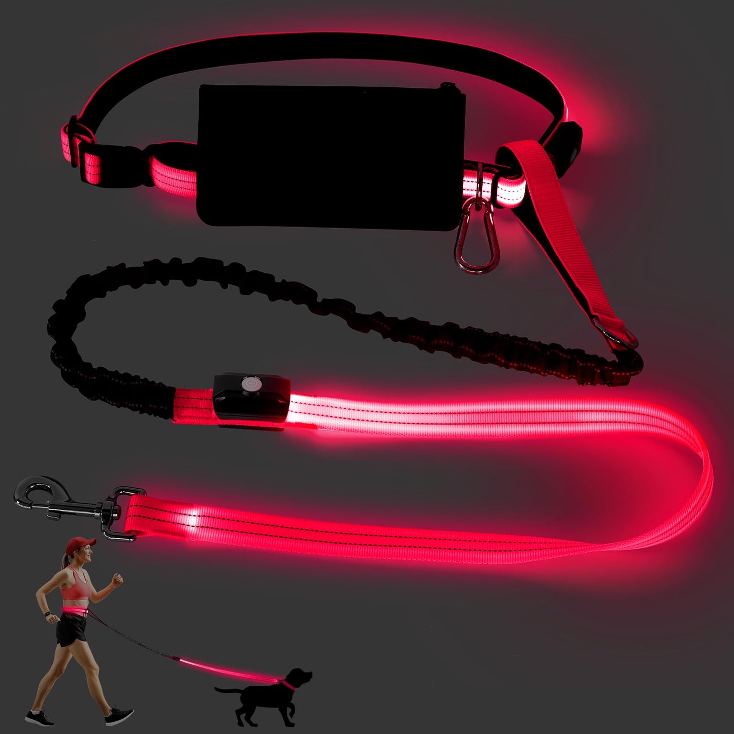 Vizbrite LED Hands Free Dog Leash, Waist Leash for Dog Walking, Retractable Bungee Light Up Dog Leash, Reflective Running Leash for Jogging, Training, Hiking