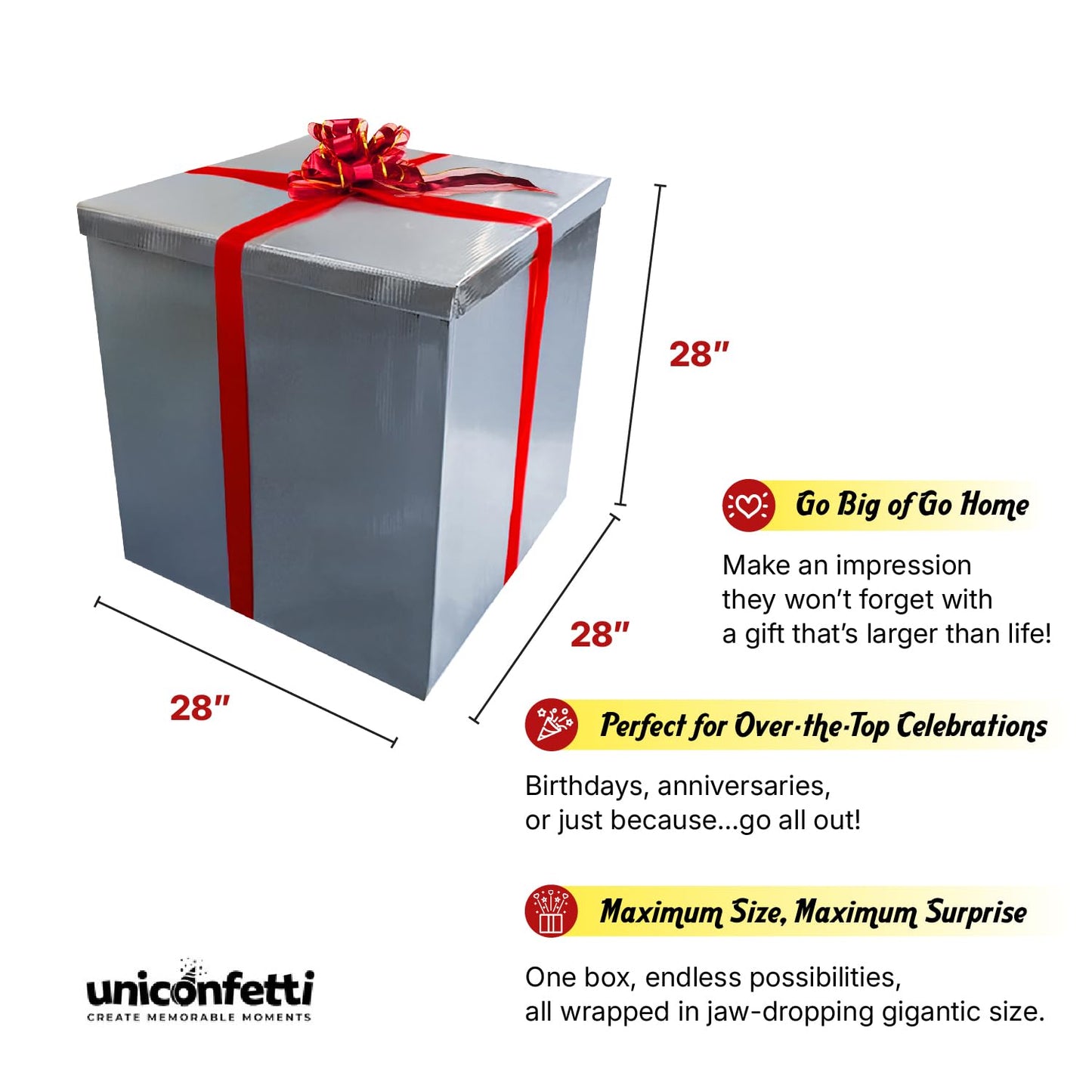 Giant Gift Box Silver Cardboard Decorative Box with Lid, Silver Gift Box for Birthday Surprise, Pregnancy Announcement, Gender Reveal, Christmas Presents and Other Celebrations (Size: 28x28)