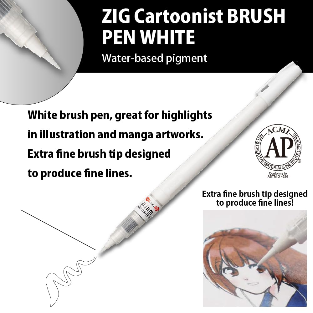 Kuretake Zig INKTOBER Special 3 variety set, White Pen Markers, Fine and Ultra Fine Brush tip, for Manga, Drawing, Calligraphy, Professional, Artist, Made in Japan