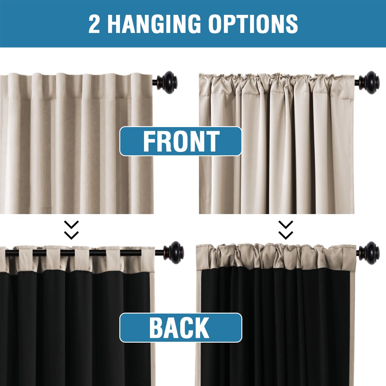 100% Blackout Curtains for Bedroom with Black Liner Full Room Darkening Curtains 96 Inches Long Thermal Insulated Back Tab/Rod Pocket Window Treatment Drapes for Living Room, Natural, 2 Panels