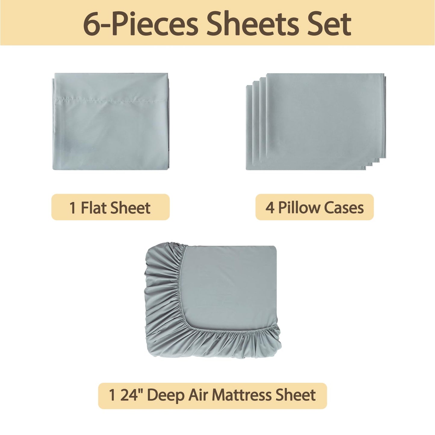 Air Mattress Sheet Set Queen Size,6 Piece Deep Pocket Bed Sheet Set for 16-24 Inch Air Bed,Easy Inflate Access,Perfect for Guest Room, RV, Camping,Gray