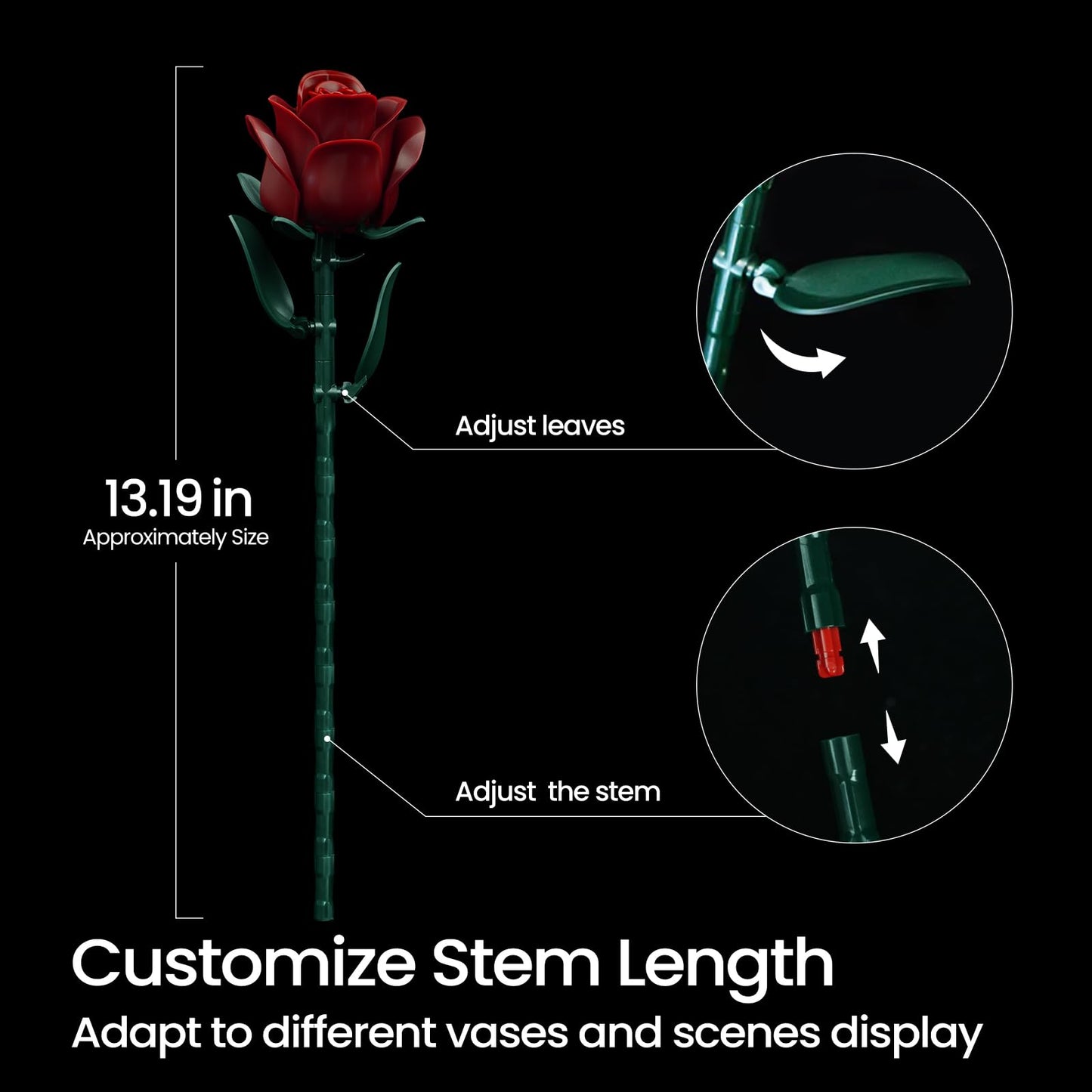 Botanicals Bouquet of Burgundy Red Rose Artificial Flowers Building Set,Compatible with Lego,Fake Flowers for Adults Women,Gift for Christmas Halloween Valentines Artificial Plant Gothic Home Decor