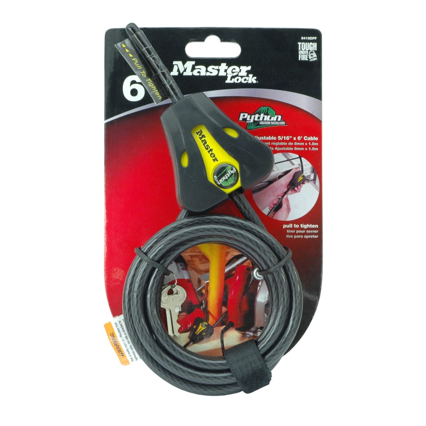 Master Lock 8419DPF Python Adjustable Locking Cable, Braided Steel, Yellow and Black Contractor Color, 6-Feet x 5/16-Inch