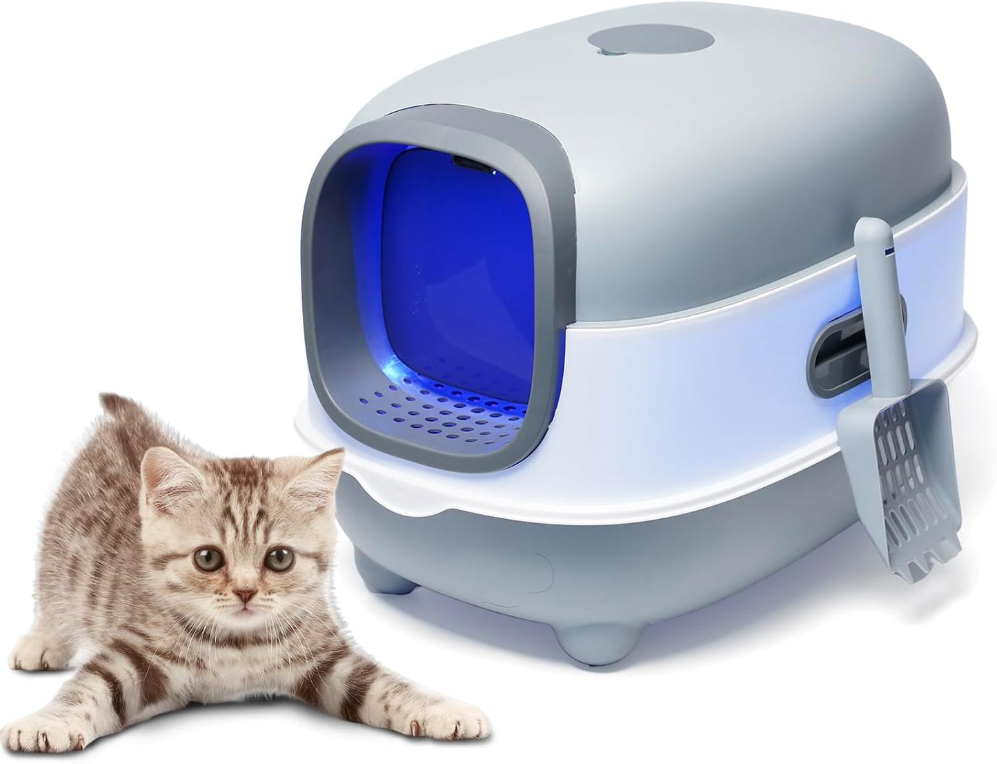Ultra Large Fully Enclosed Cat Litter Box,Self Cleaning Cat Litter Tray for Cats with Automatic Anti-Sand Cage,Easy to Clean,Deodorize,Splash Proof Litter Box with Lid,55x38x36cm (Grey)